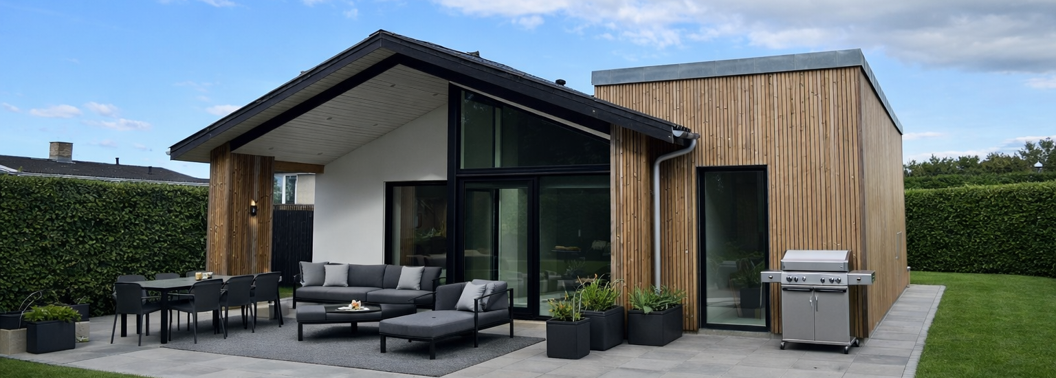 Arkitekttegnet om- og tilbygning i træbeklædning til byhus